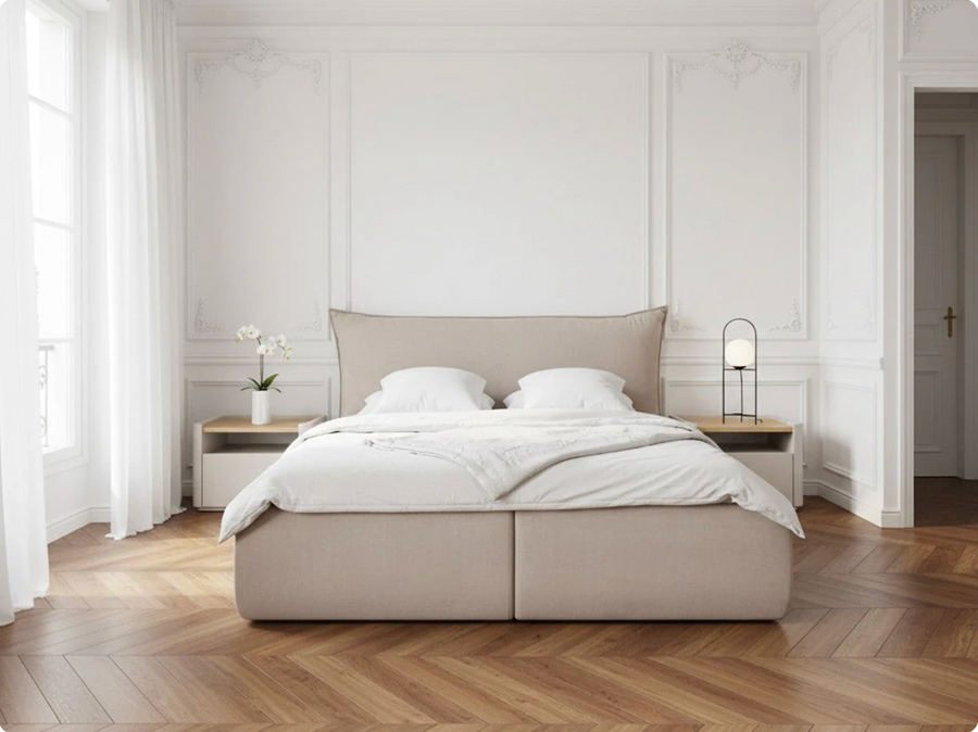 JADE Lit coffre avec tête de lit effet oreiller