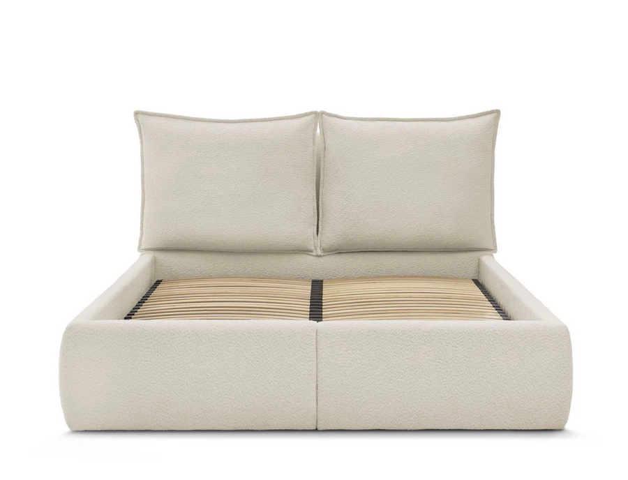 GARANCE Lit coffre avec tête de lit effet oreiller tissu bouclette