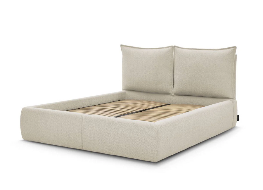 GARANCE Lit coffre avec tête de lit effet oreiller tissu bouclette