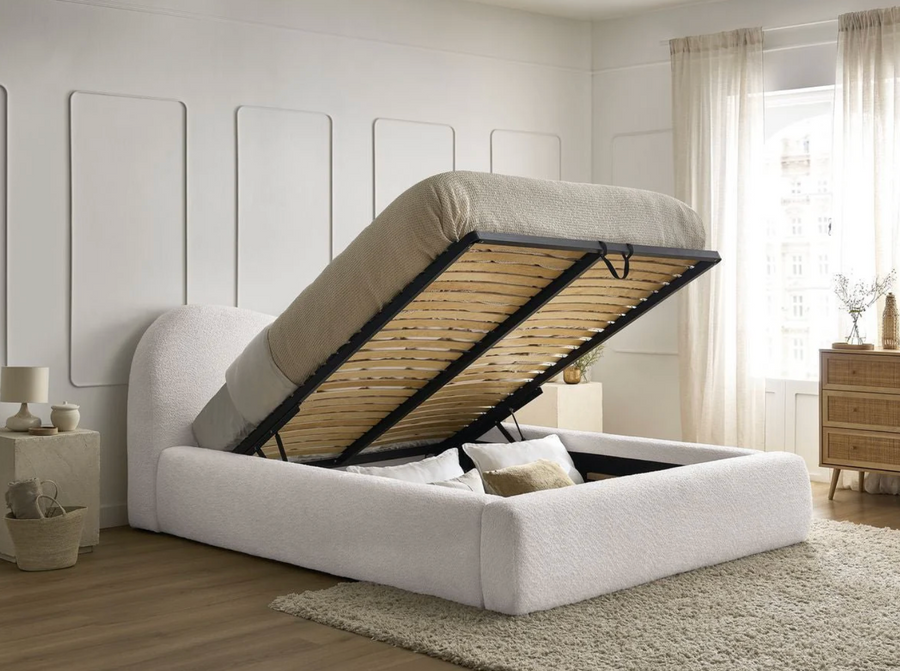 ORLANE Lit coffre tissu bouclette - Blanc
