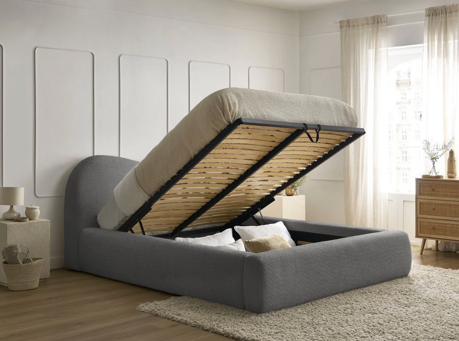 ORLANE Lit coffre tissu bouclette - Gris