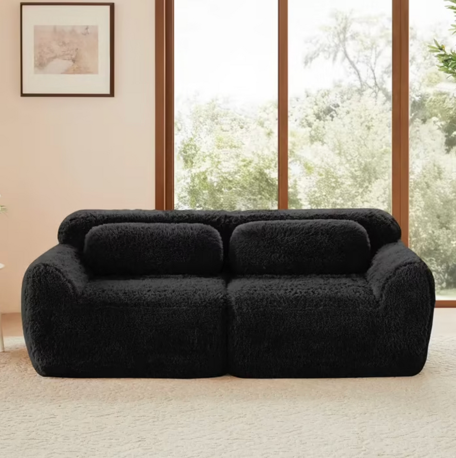 Canapé Compressé Modulable 2 Places 204cm En Tissu Peluche Noir
