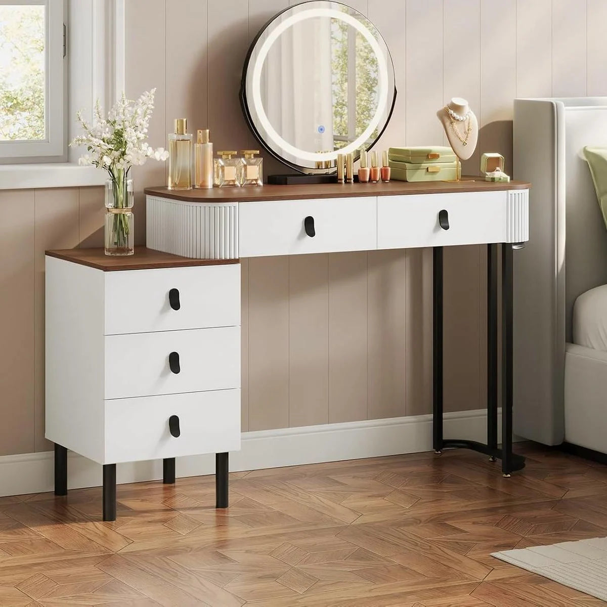 Coiffeuse miroir rond 100 cm, 5 tiroirs – bois et blanc