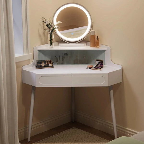 Coiffeuse d’angle miroir rond, 2 tiroirs