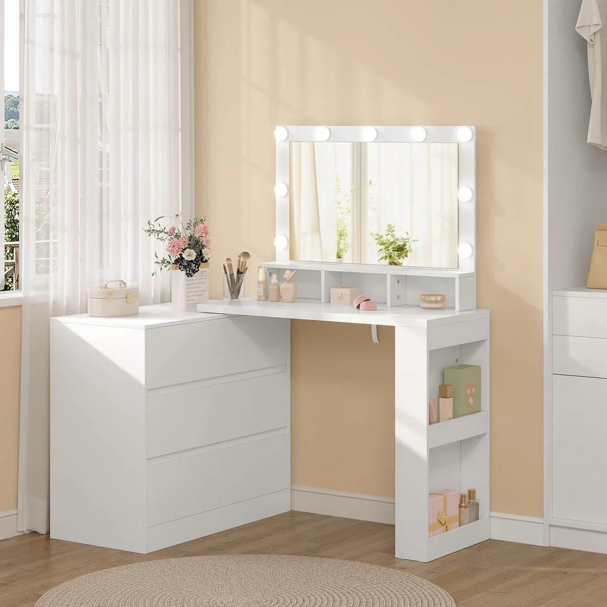 Coiffeuse d’angle avec commode, 6 tiroirs