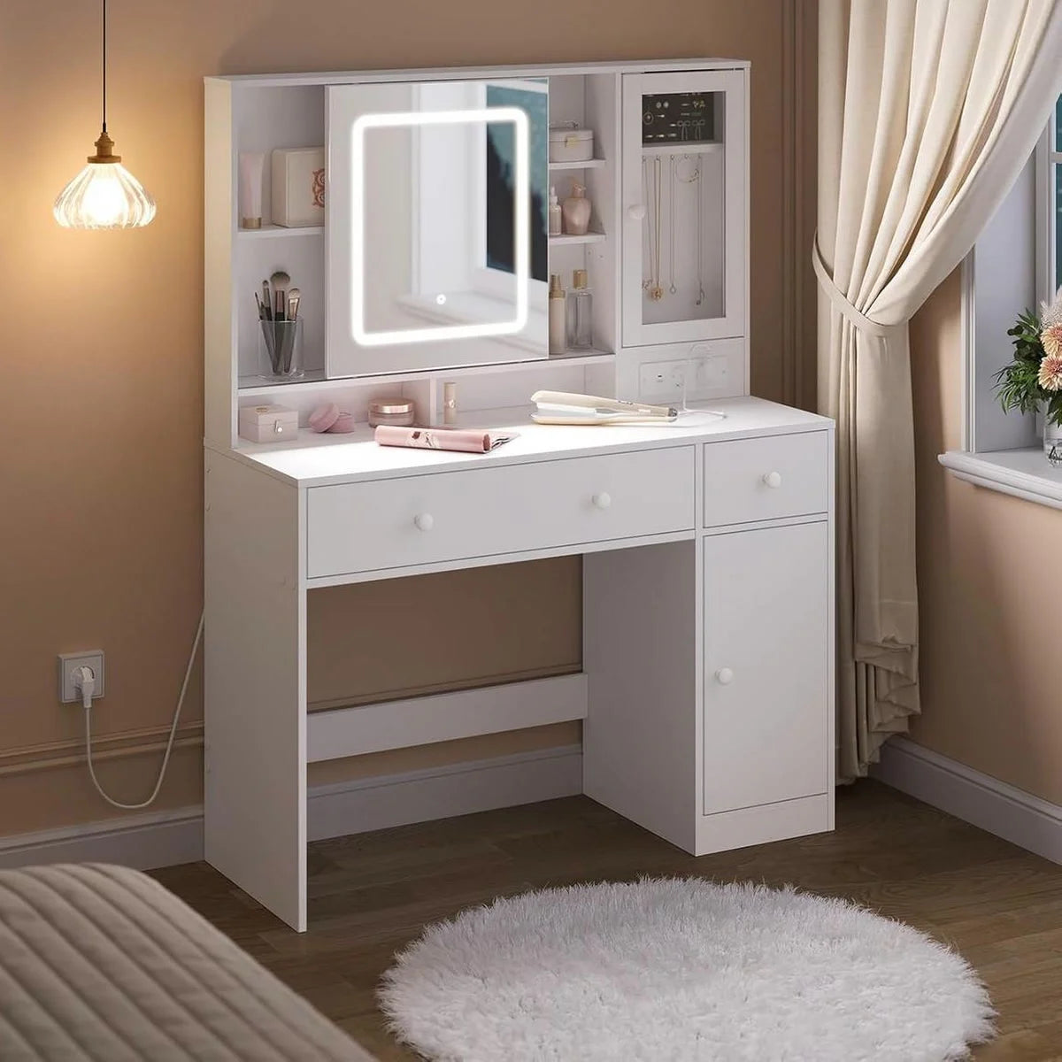 Coiffeuse miroir coulissant 108 cm, 2 tiroirs