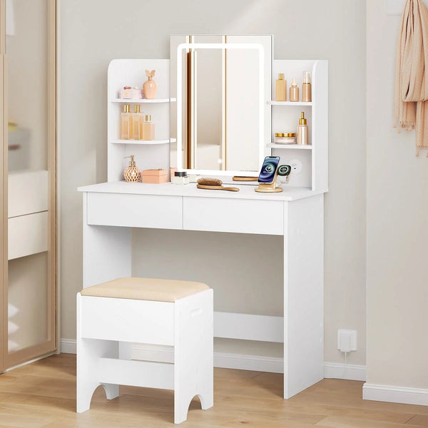 Coiffeuse miroir LED 90 cm, 2 tiroirs