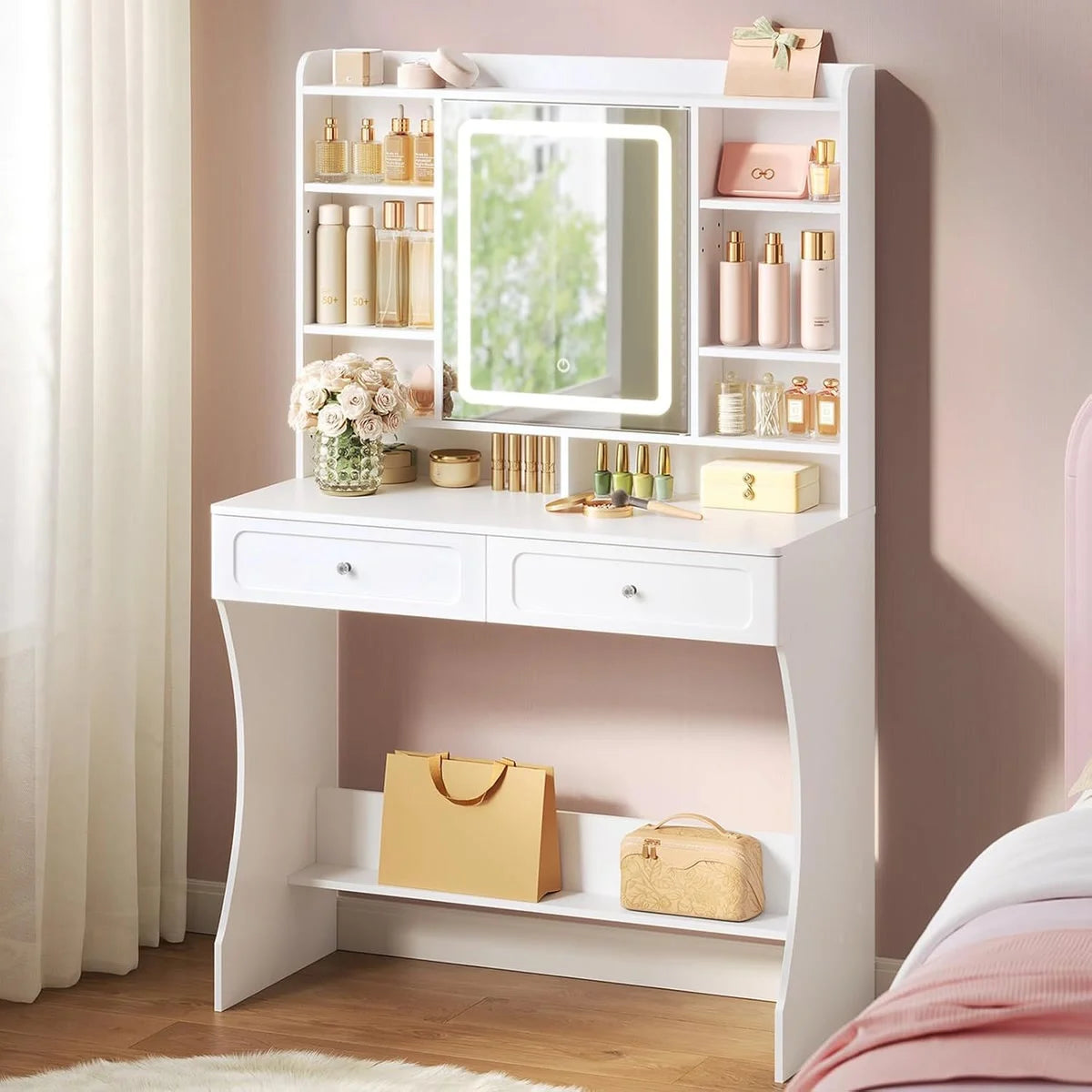 Coiffeuse miroir LED 90 cm, rangement à bijoux