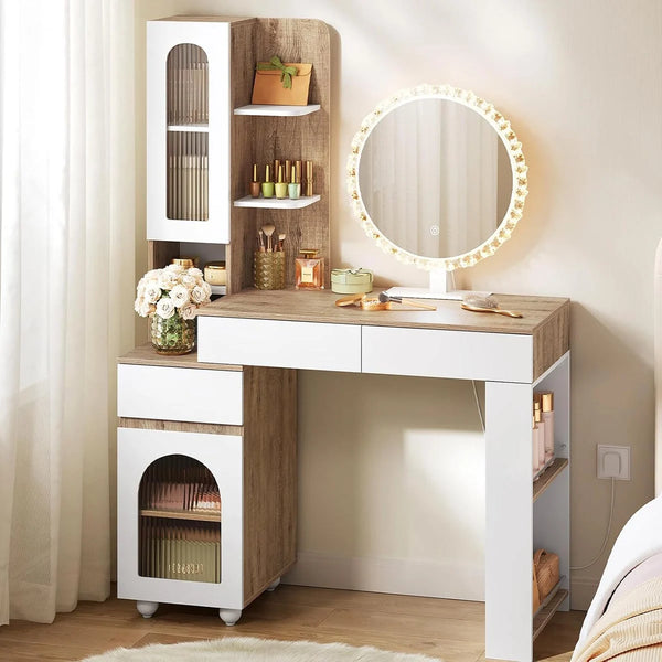 Coiffeuse miroir rond 100 cm, 3 tiroirs et 2 placards