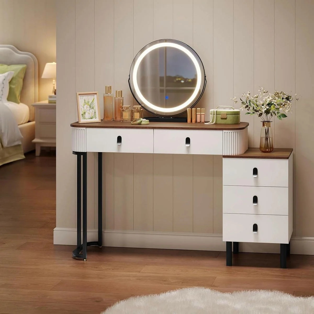 Coiffeuse miroir rond 100 cm, 5 tiroirs – bois et blanc
