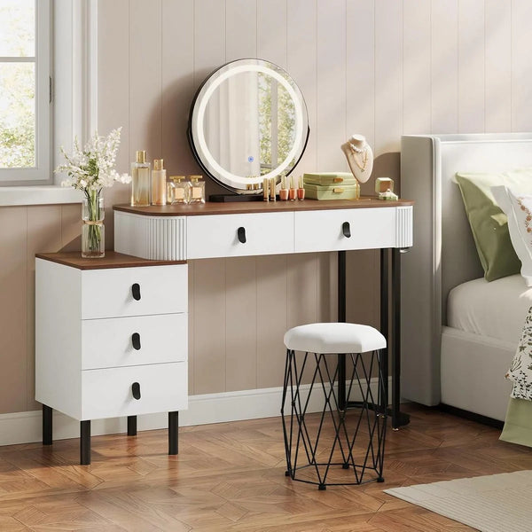 Coiffeuse miroir rond 100 cm, tabouret inclus – bois et blanc