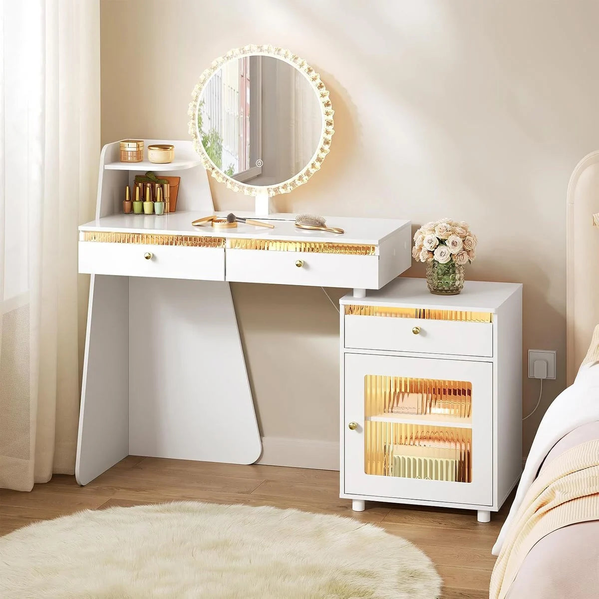 Coiffeuse miroir rond 80 cm, armoire éclairée