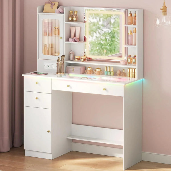 Coiffeuse plateau en verre 104 cm, 3 tiroirs