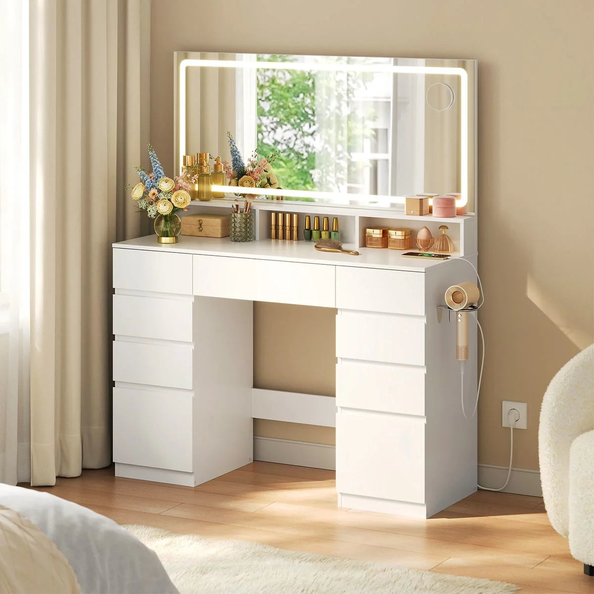 Coiffeuse grand miroir LED 110 cm, 9 tiroirs