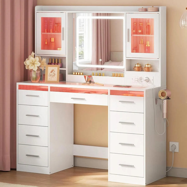 Coiffeuse plateau en verre 107 cm, 9 tiroirs