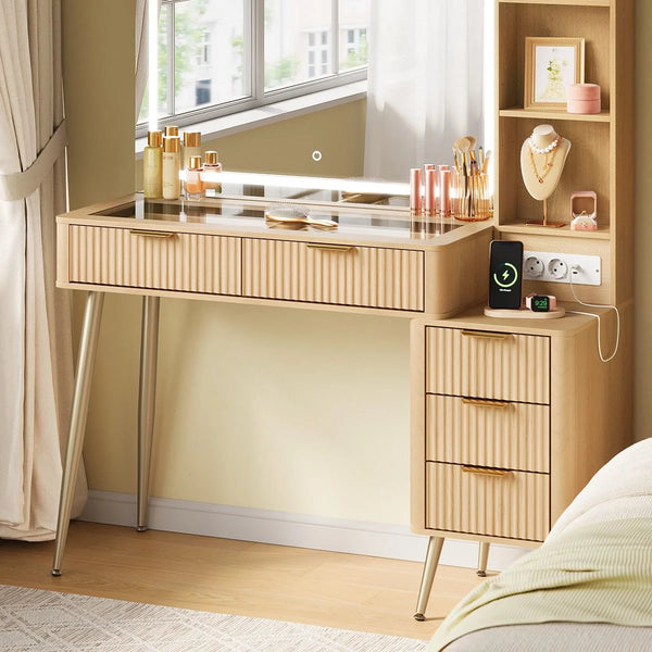 Coiffeuse plateau en verre 117 cm, 5 tiroirs