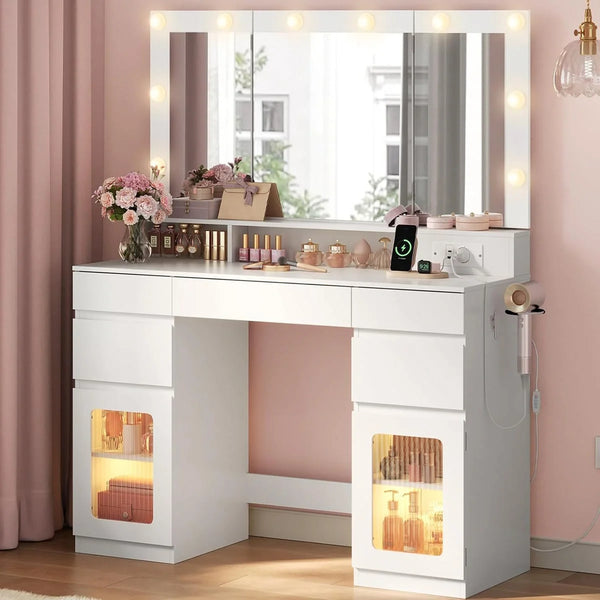 Coiffeuse miroir 3 volets 104 cm, 5 tiroirs