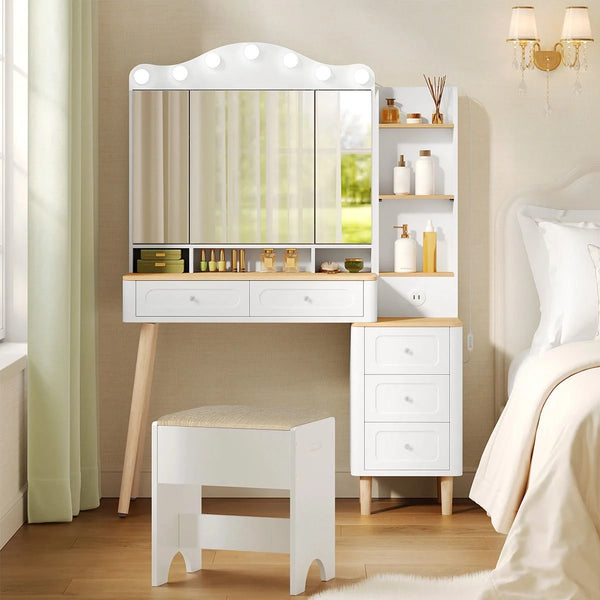 Coiffeuse miroir 3 volets 107 cm, 5 tiroirs