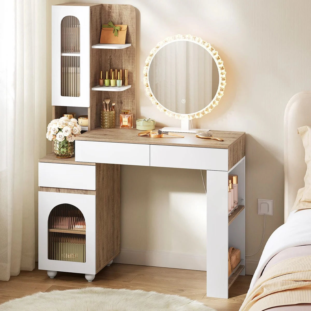 Coiffeuse miroir rond 100 cm, 3 tiroirs et 2 placards
