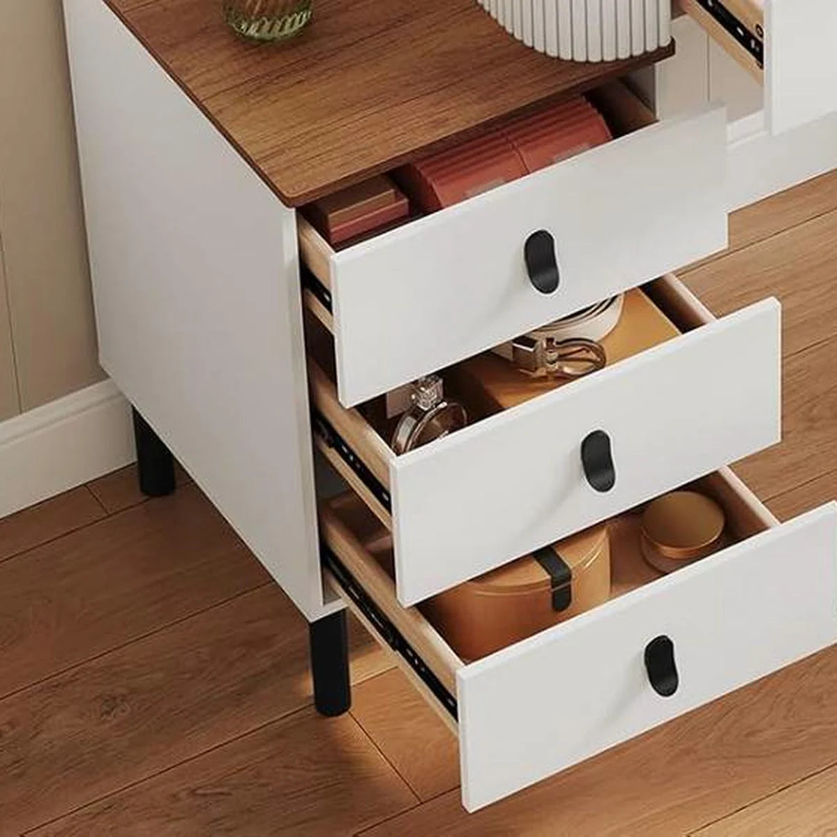 Coiffeuse miroir rond 100 cm, 5 tiroirs – bois et blanc