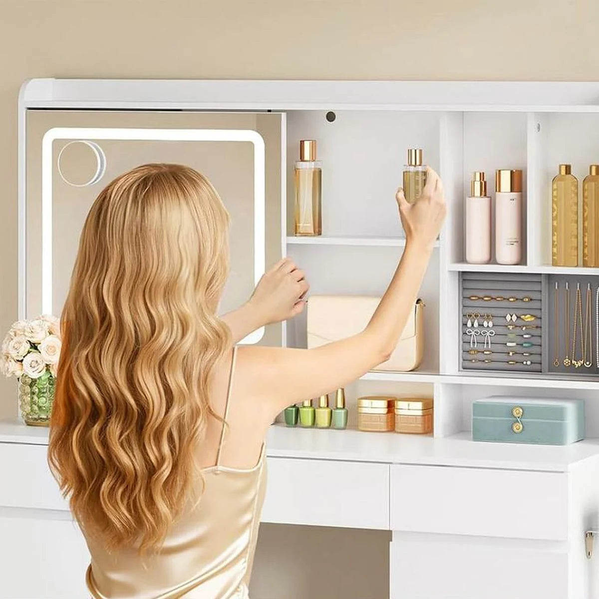 Coiffeuse miroir coulissant 107 cm, 9 tiroirs