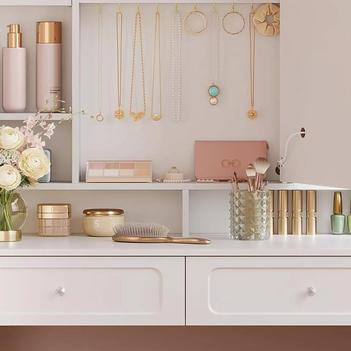 Coiffeuse miroir LED 90 cm, rangement à bijoux