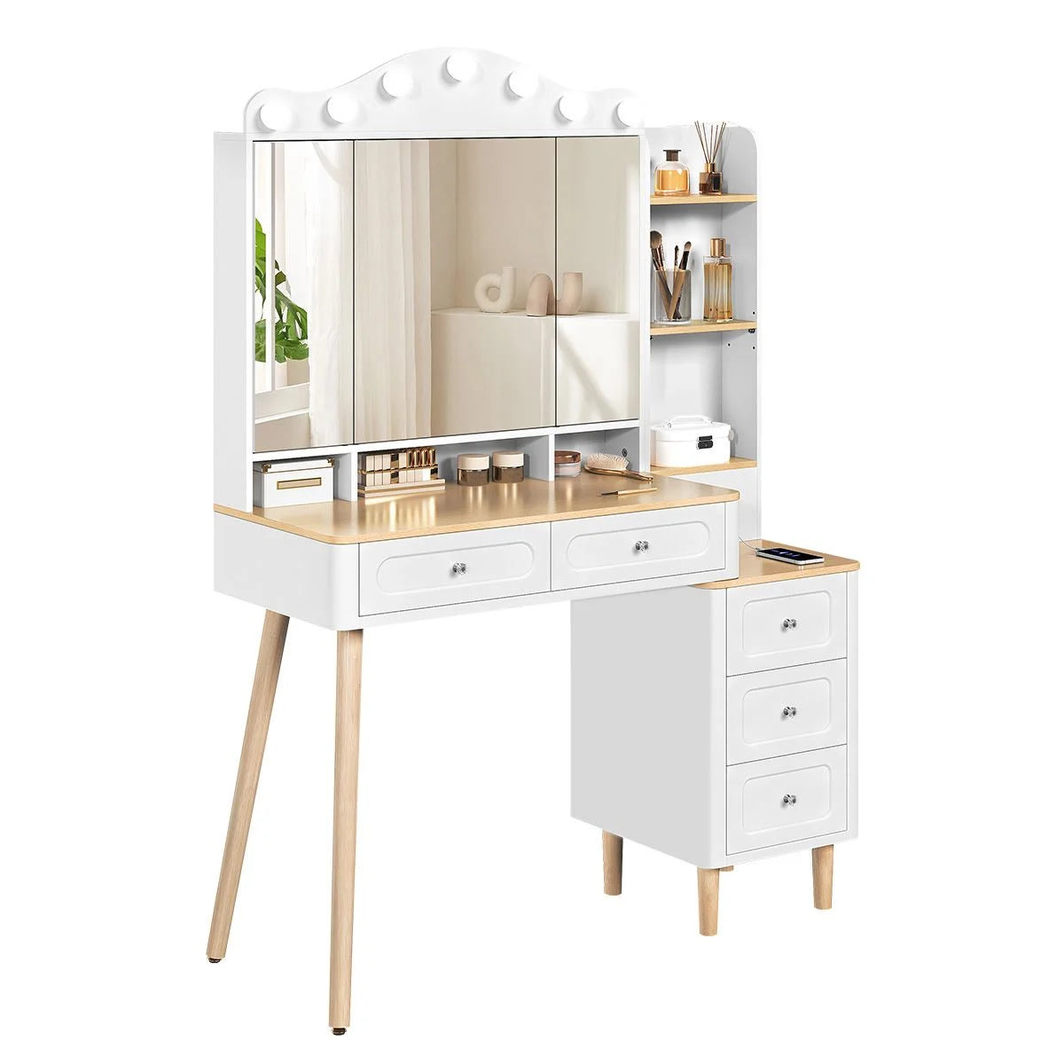 Coiffeuse miroir 3 volets 107 cm, 5 tiroirs