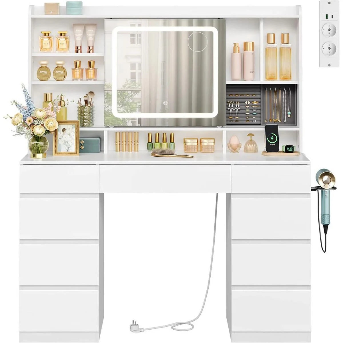 Coiffeuse miroir coulissant 107 cm, 9 tiroirs