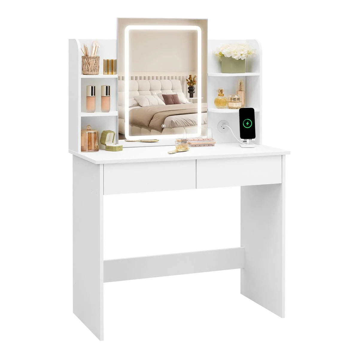 Coiffeuse miroir LED 90 cm, 2 tiroirs
