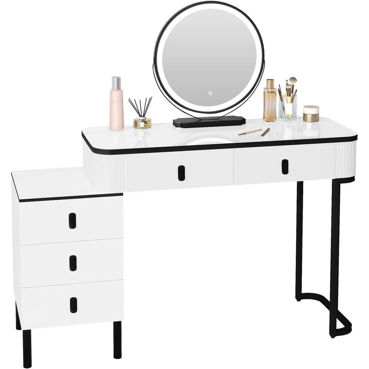 Coiffeuse miroir rond 100 cm, 5 tiroirs – blanc et noir