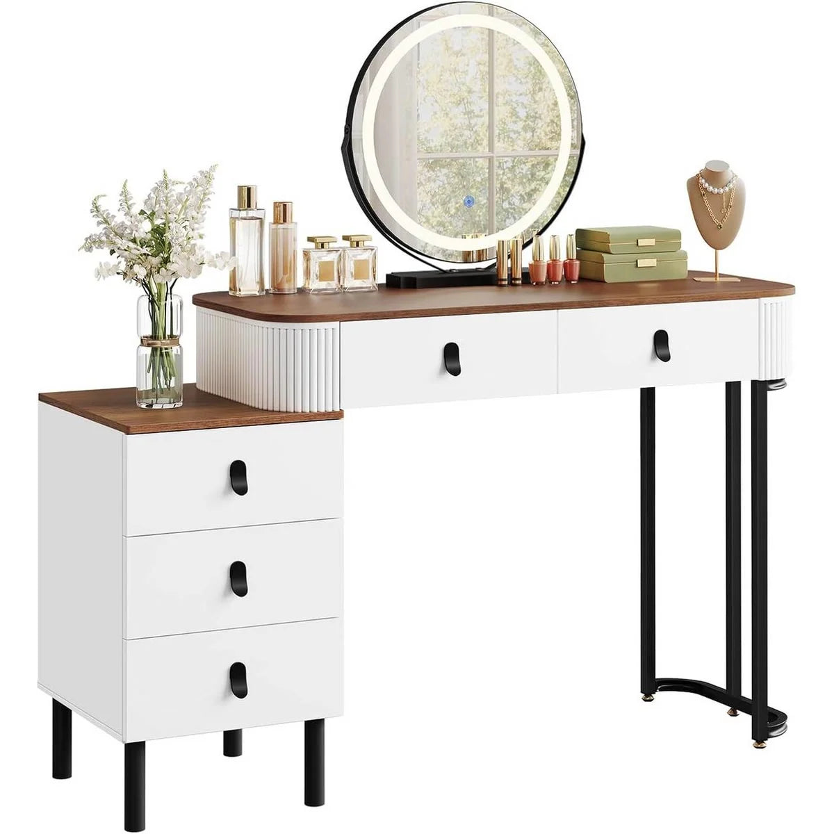 Coiffeuse miroir rond 100 cm, 5 tiroirs – bois et blanc