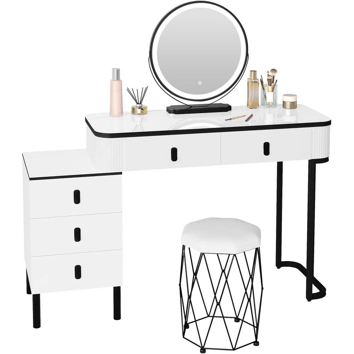 Coiffeuse miroir rond 100 cm, tabouret inclus – blanc et noir