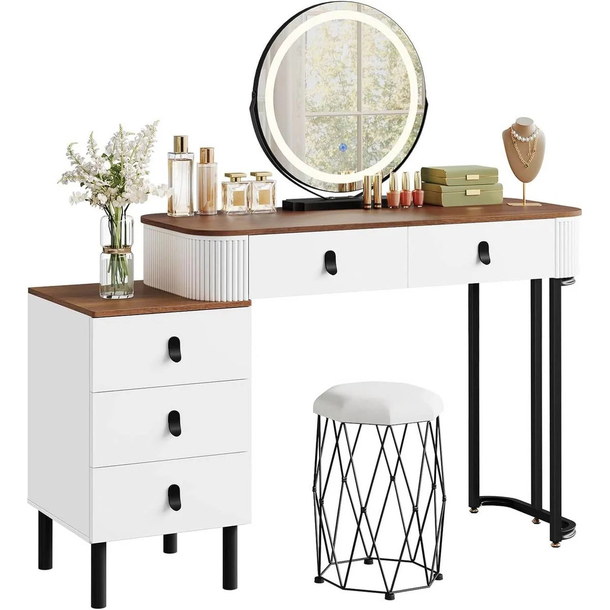 Coiffeuse miroir rond 100 cm, tabouret inclus – bois et blanc