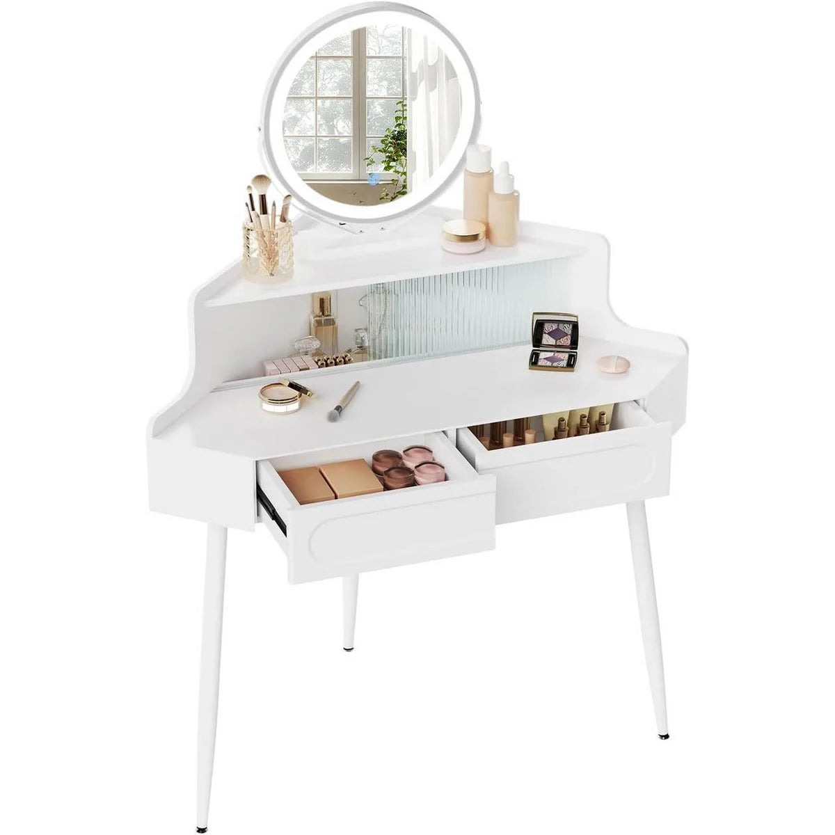 Coiffeuse d’angle miroir rond, 2 tiroirs