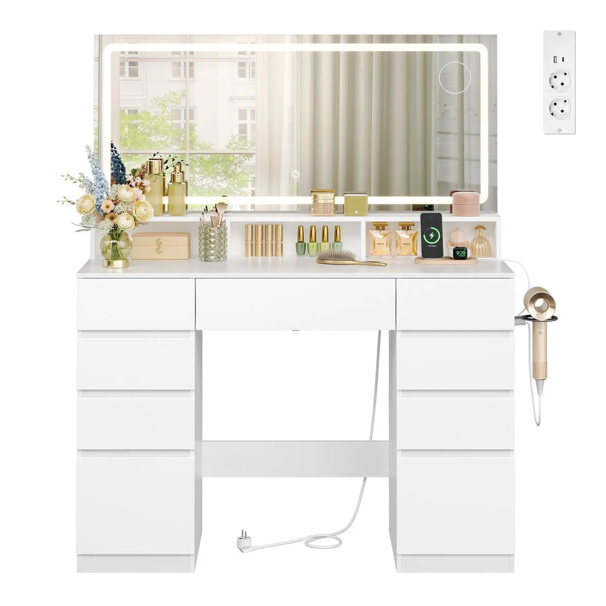 Coiffeuse grand miroir LED 110 cm, 9 tiroirs