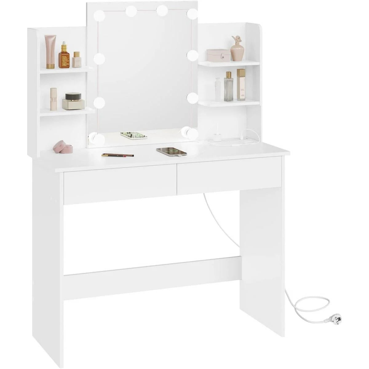 Coiffeuse Hollywood 90 cm, 2 tiroirs et prises