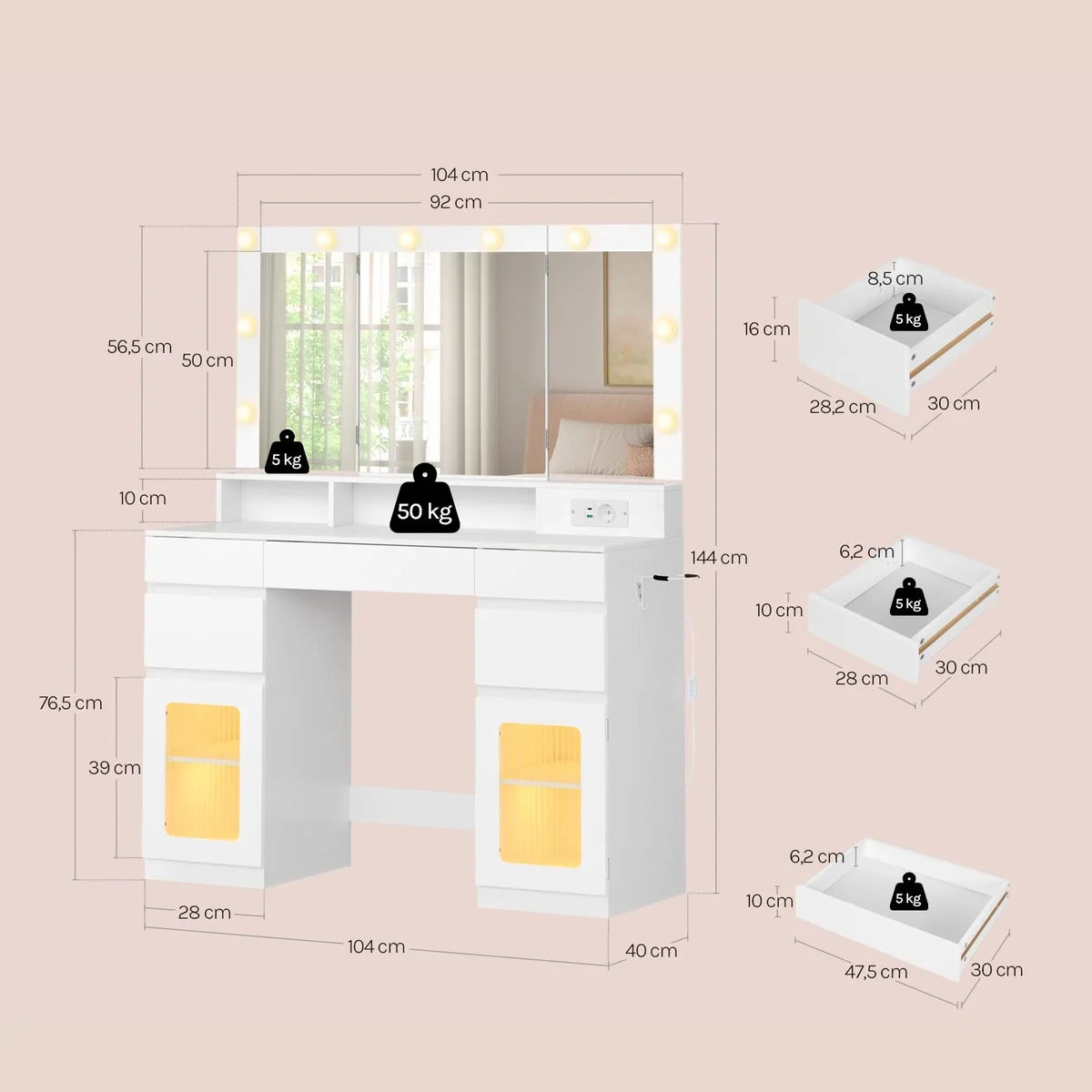 Coiffeuse miroir 3 volets 104 cm, 5 tiroirs