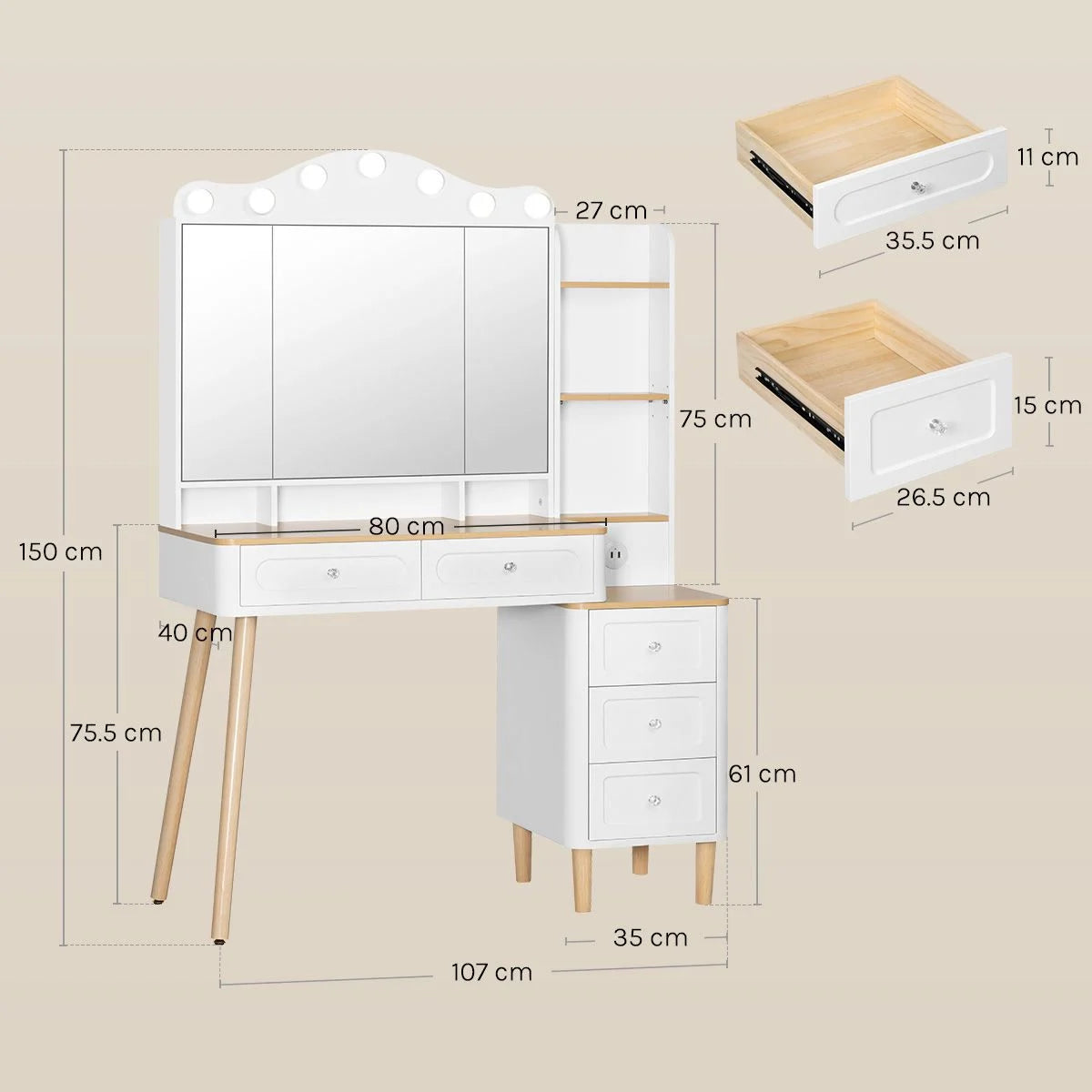 Coiffeuse miroir 3 volets 107 cm, 5 tiroirs