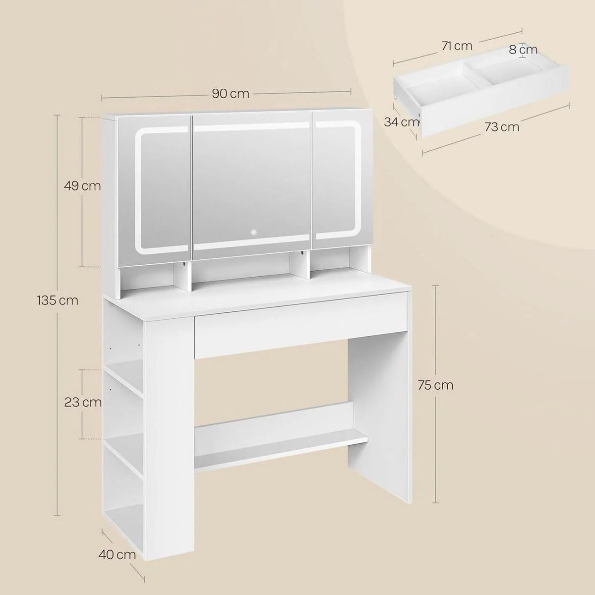 Coiffeuse miroir 3 volets 90 cm, armoire à bijoux