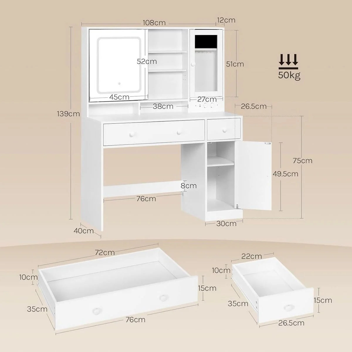 Coiffeuse miroir coulissant 108 cm, 2 tiroirs