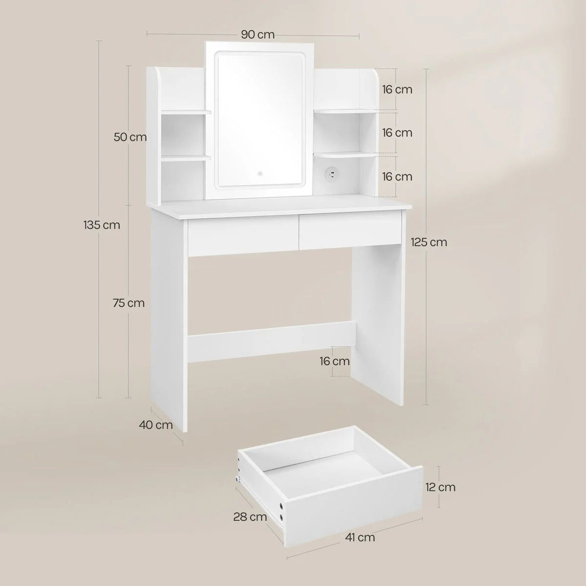Coiffeuse miroir LED 90 cm, 2 tiroirs