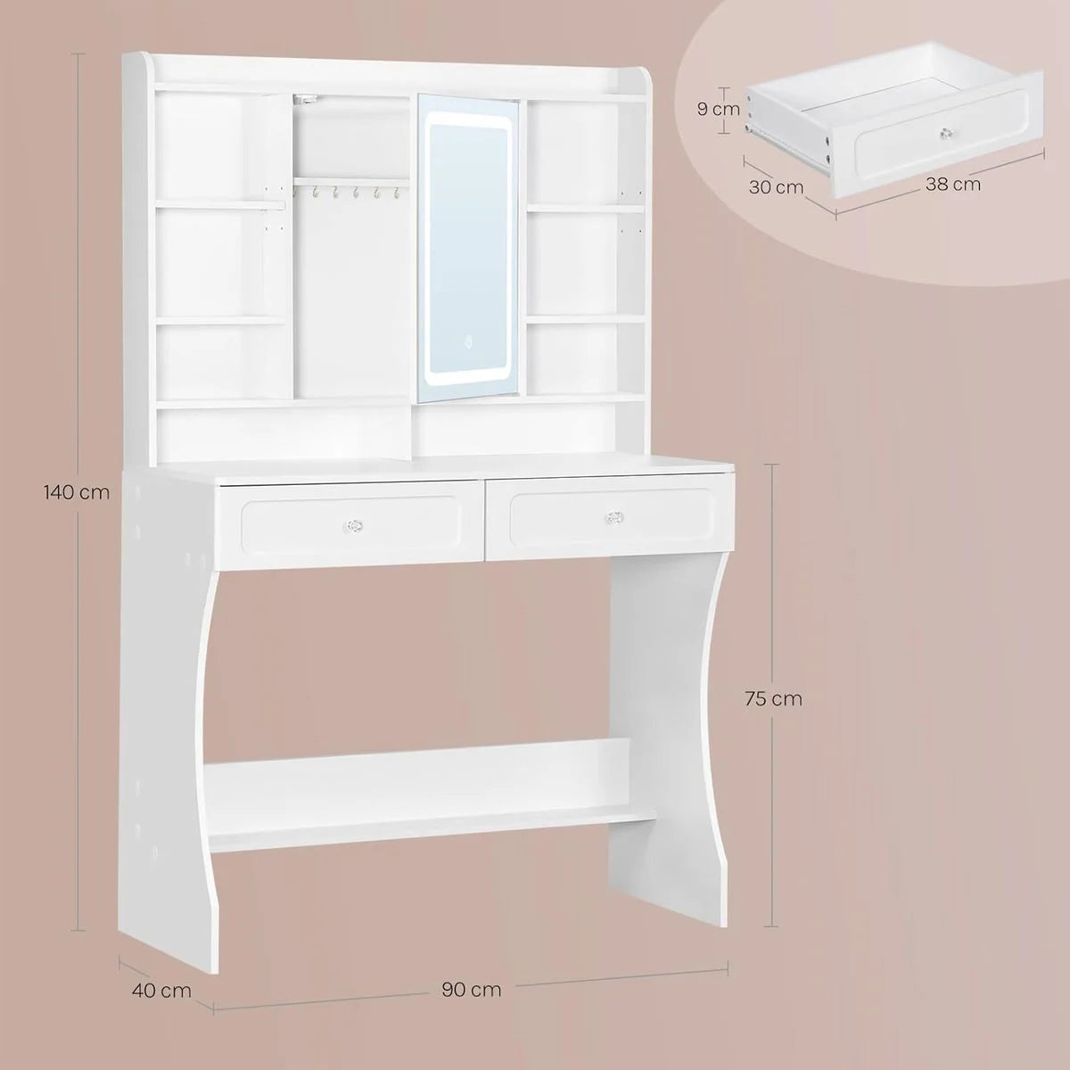 Coiffeuse miroir LED 90 cm, rangement à bijoux