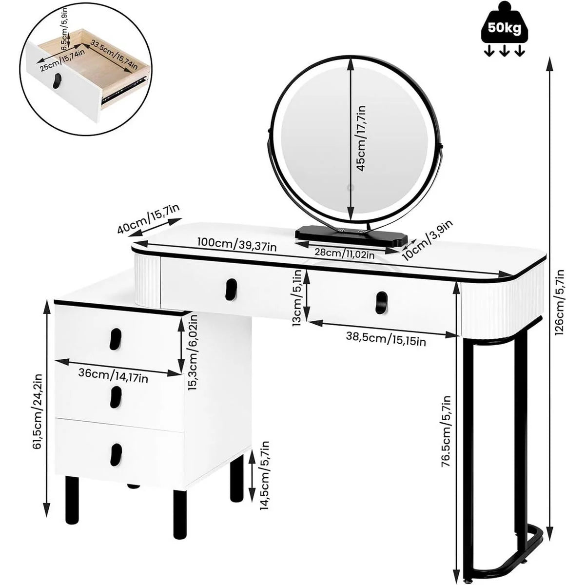 Coiffeuse miroir rond 100 cm, 5 tiroirs – blanc et noir