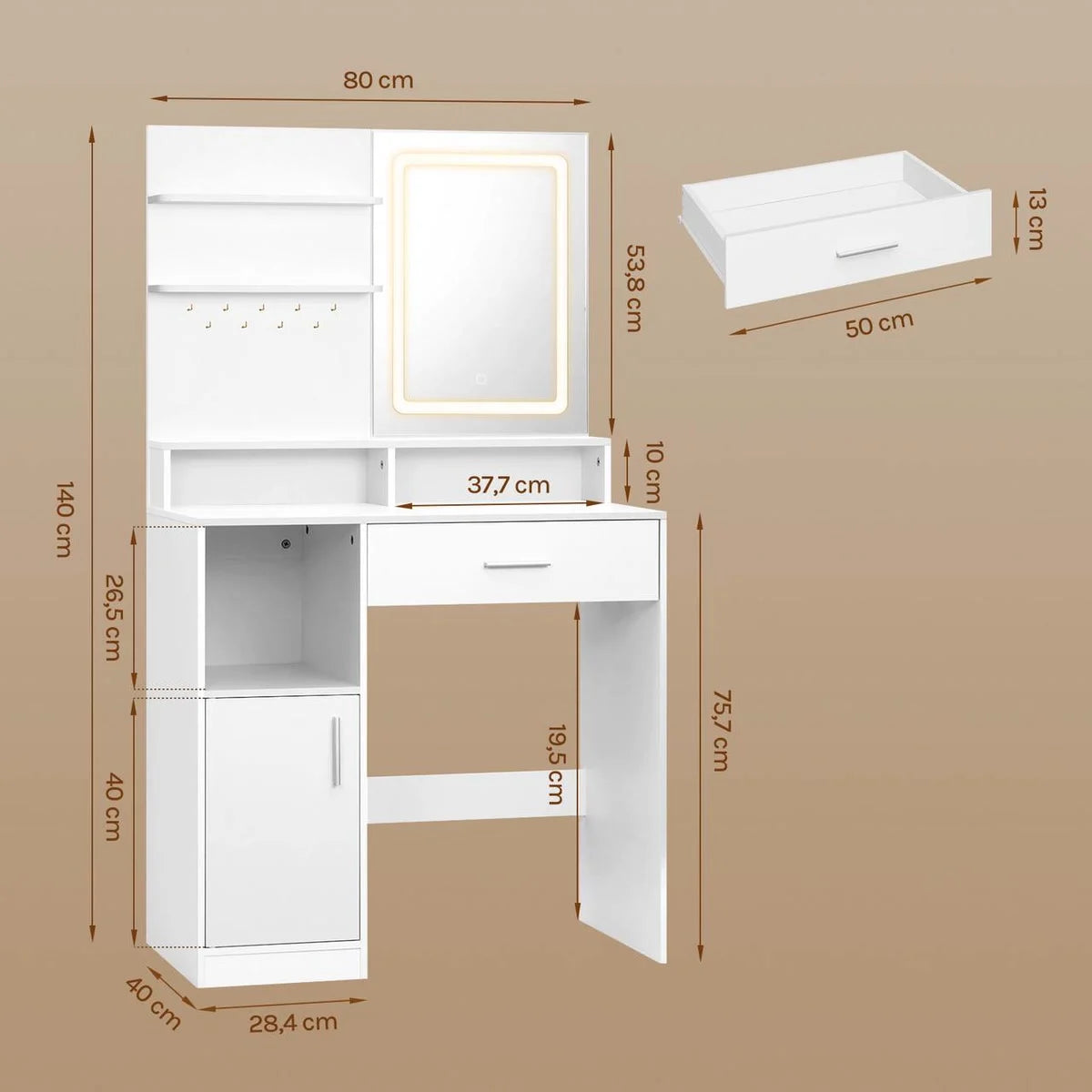 Coiffeuse compacte 80 cm, miroir LED