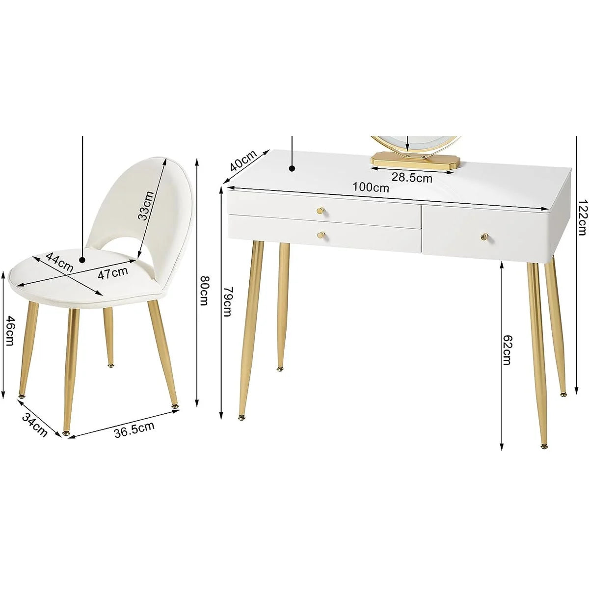 Coiffeuse miroir rond 100 cm, chaise incluse