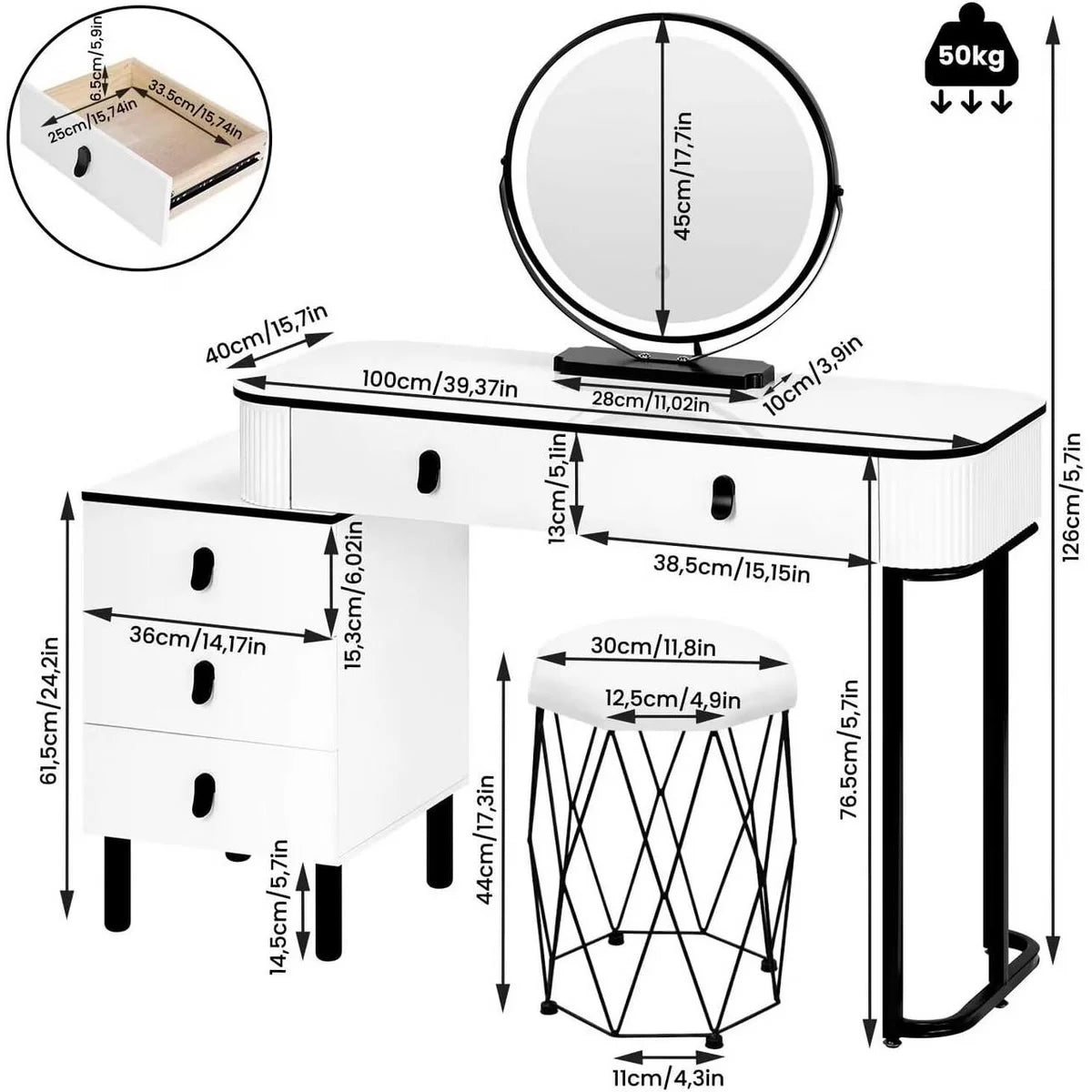 Coiffeuse miroir rond 100 cm, tabouret inclus – blanc et noir