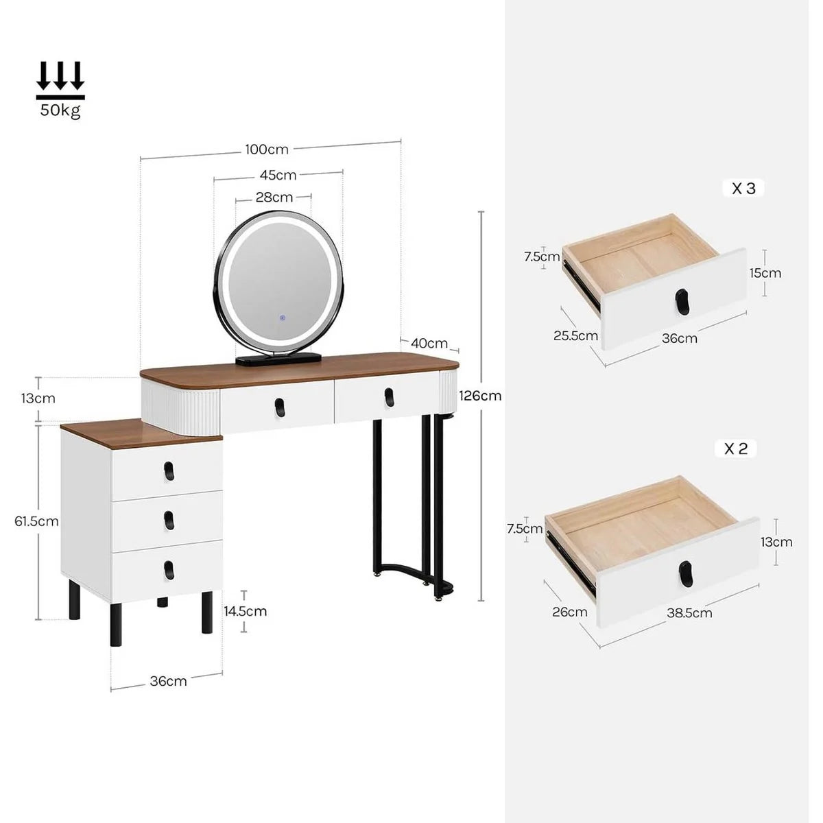 Coiffeuse miroir rond 100 cm, tabouret inclus – bois et blanc