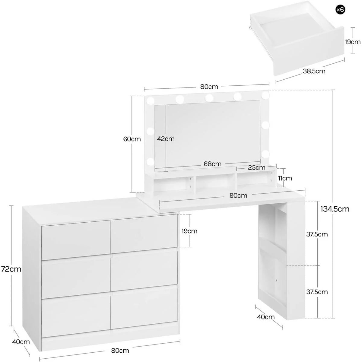 Coiffeuse d’angle avec commode, 6 tiroirs