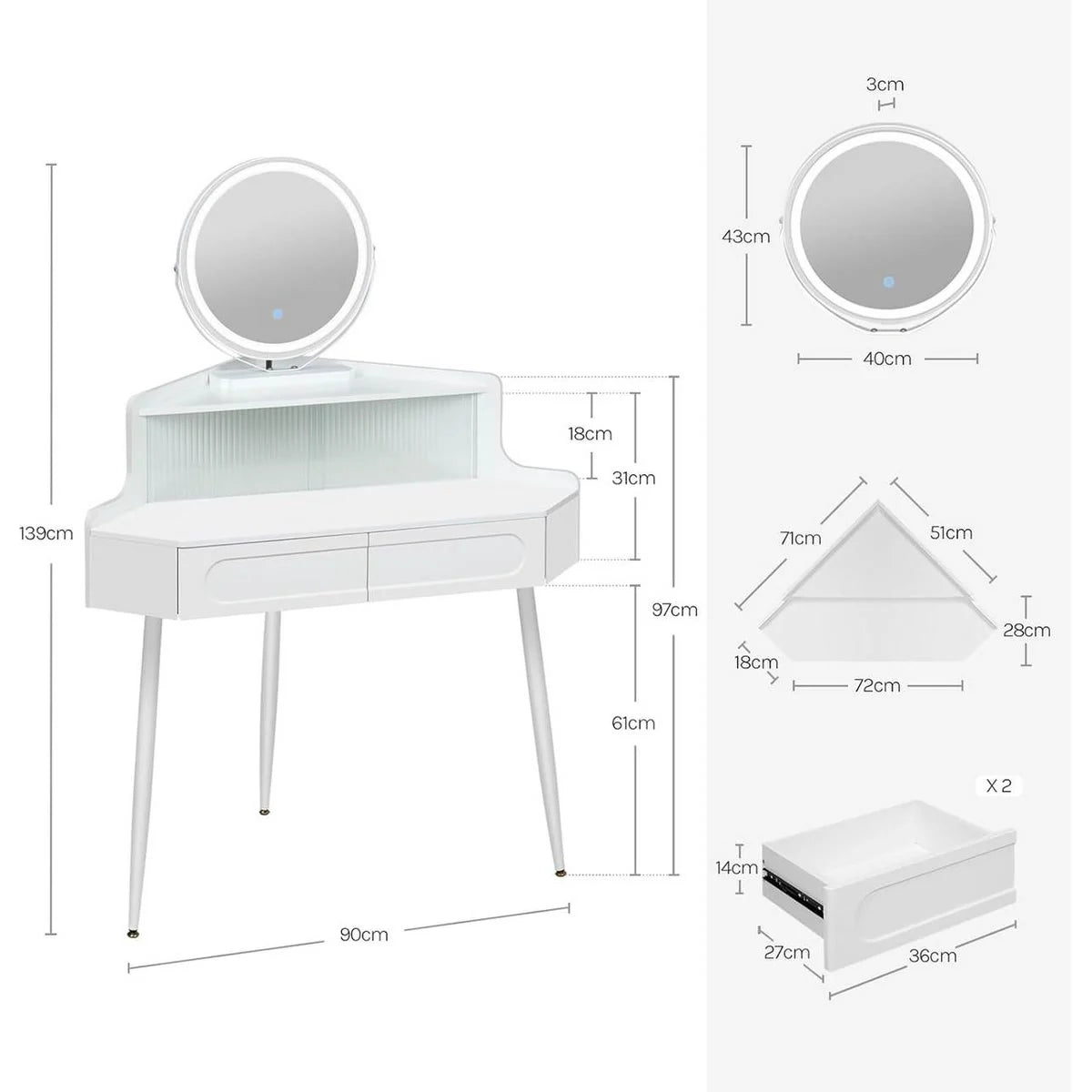 Coiffeuse d’angle miroir rond, 2 tiroirs