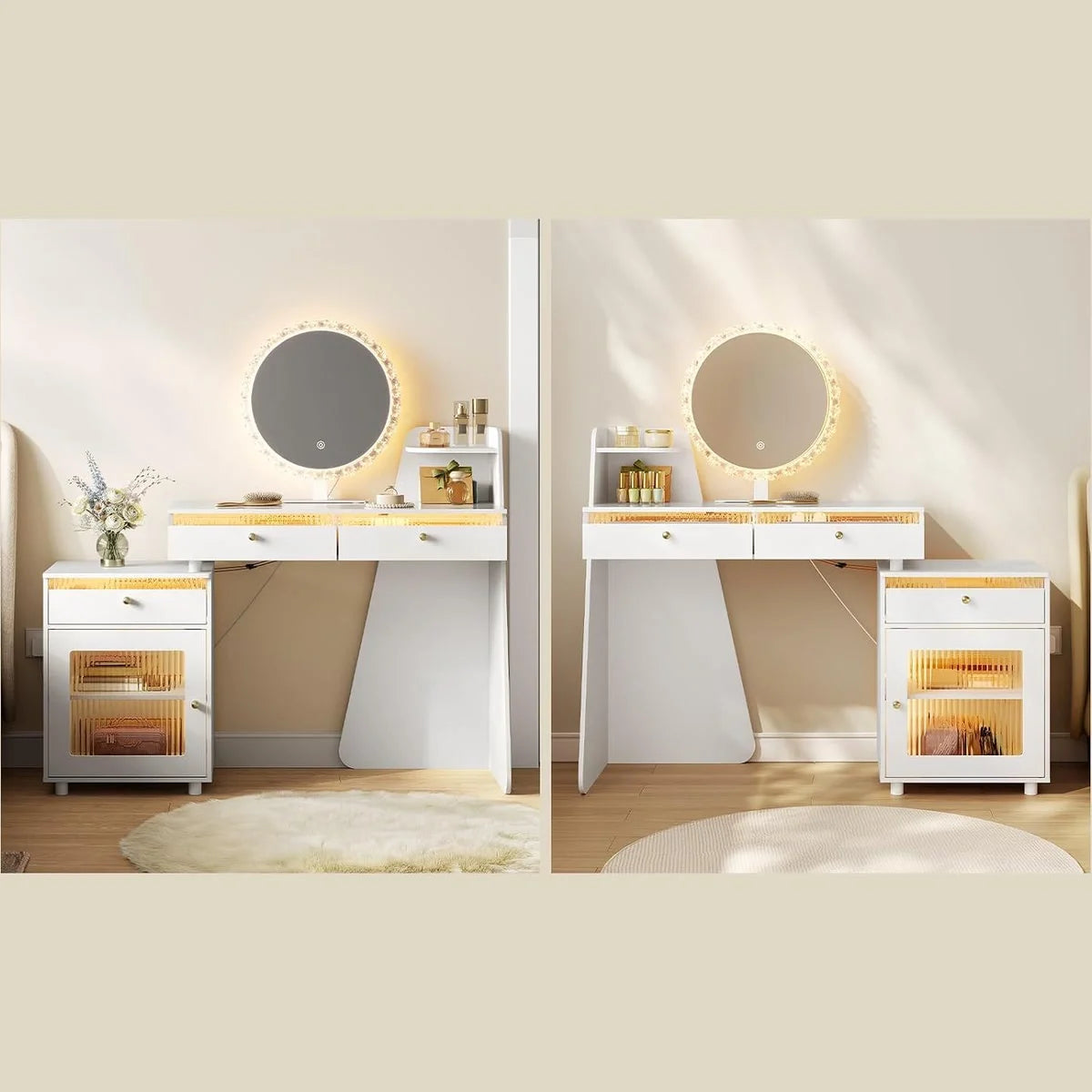 Coiffeuse miroir rond 80 cm, armoire éclairée